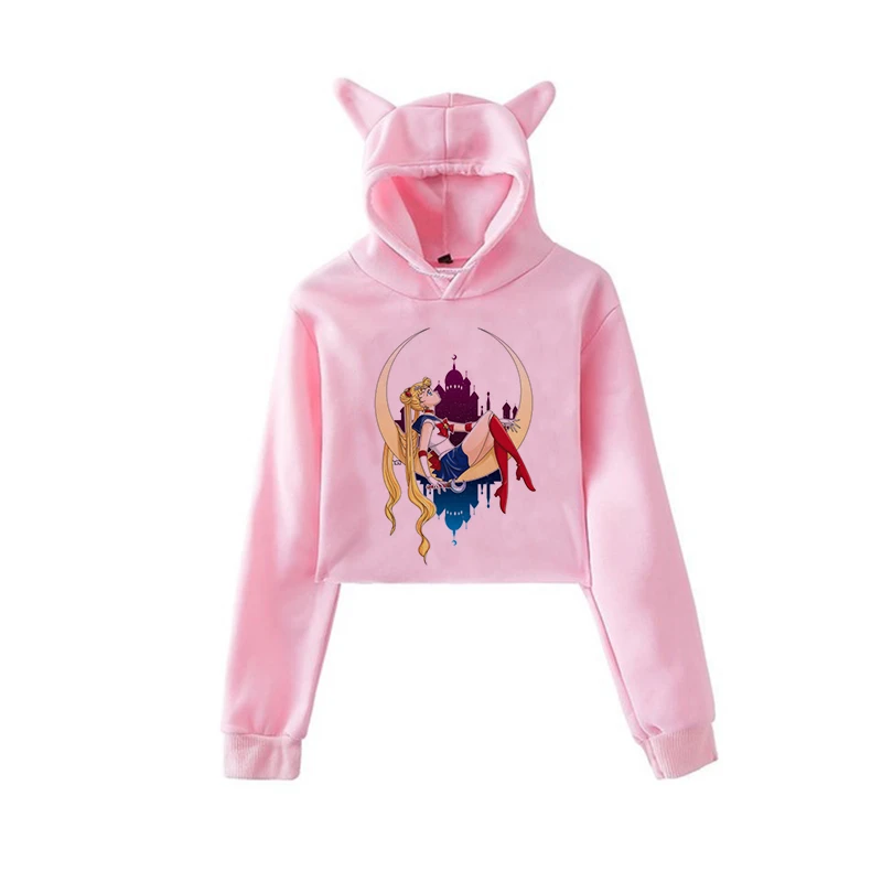 Сейлор Мун Харадзюку Толстовка корейский стиль ulzzang kawaii 90s мультфильм одежда пуловеры новые негабаритные с капюшоном уличная - Цвет: pink500