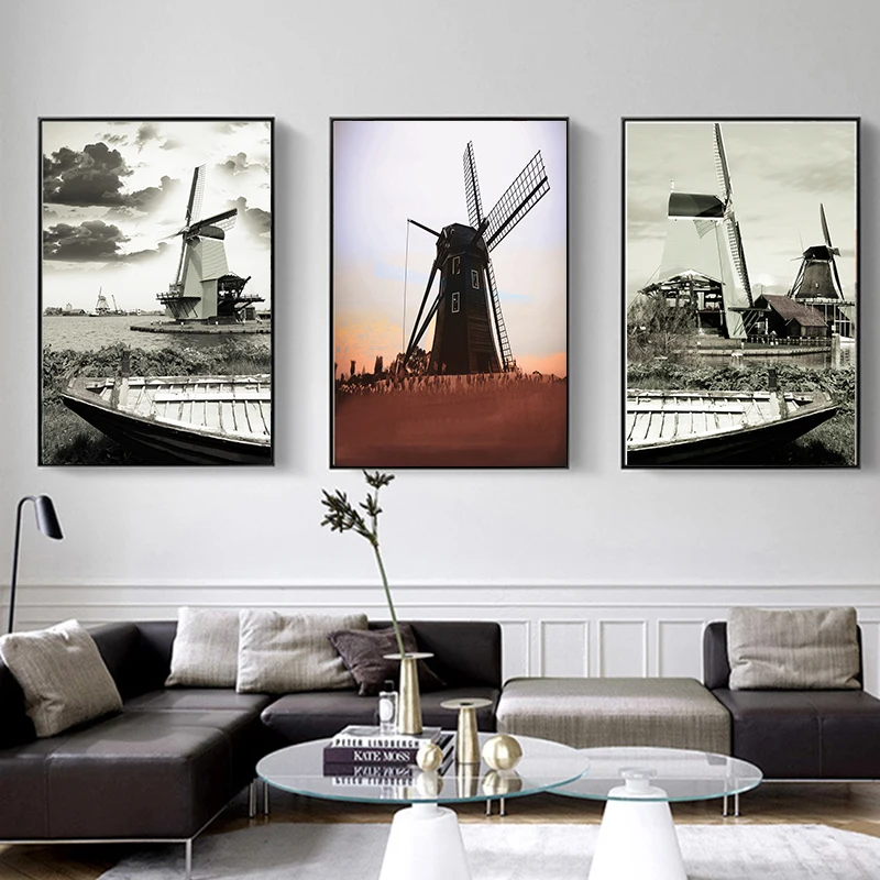 Голландские ветряные мельницы черно-белые плакаты и принты домашние настенные