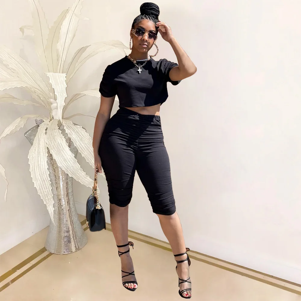 

Summer New Women's Fashion Solid Color Slim Fit Hip Raise Pleated Sports Casual Two-Piece Suit