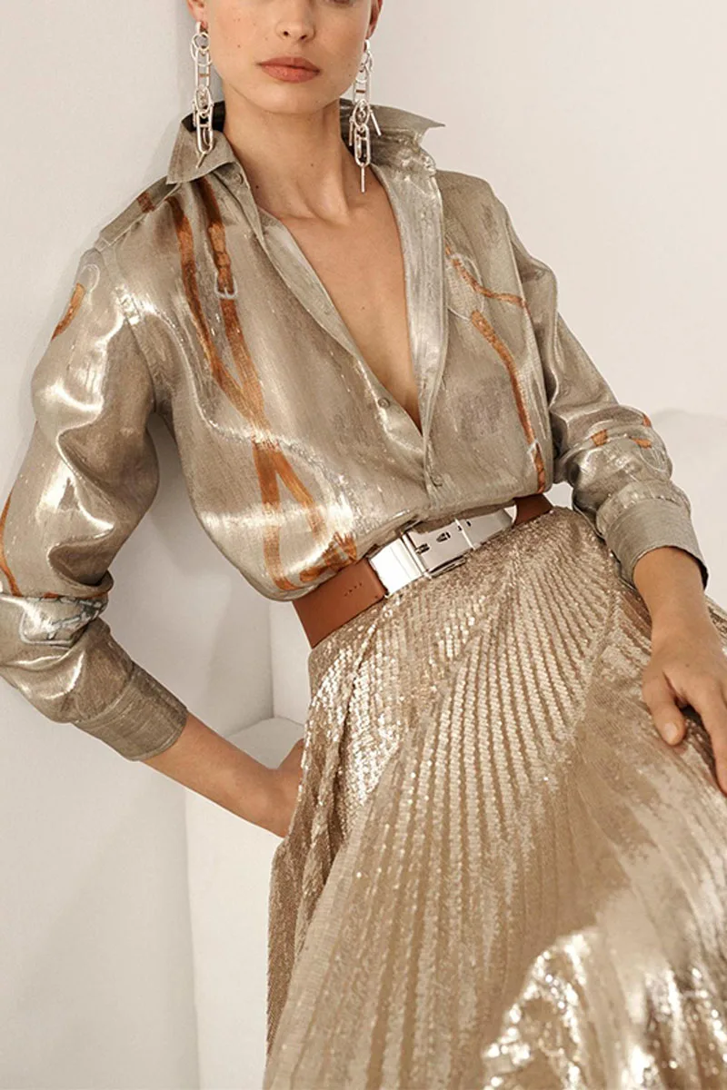 

ladies' 2021 autumn new Lapel Long Sleeve Shirt Medium Length Sequin pleated skirt suit