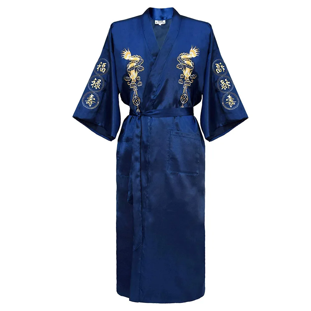 Black Embroidery Dragon Robes Traditional Male Sleepwear Lounge Nightwear Kimono Bathrobe Gown Homewear Nightgown Home Clothing