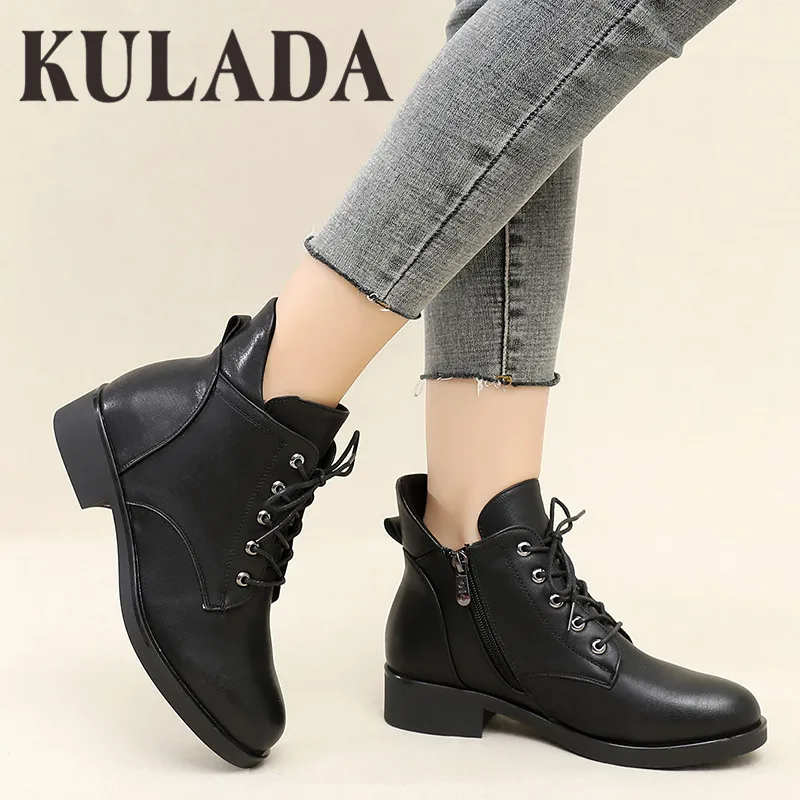 Женские Классические ботильоны KULADA черные ботинки на шнуровке молнии низком