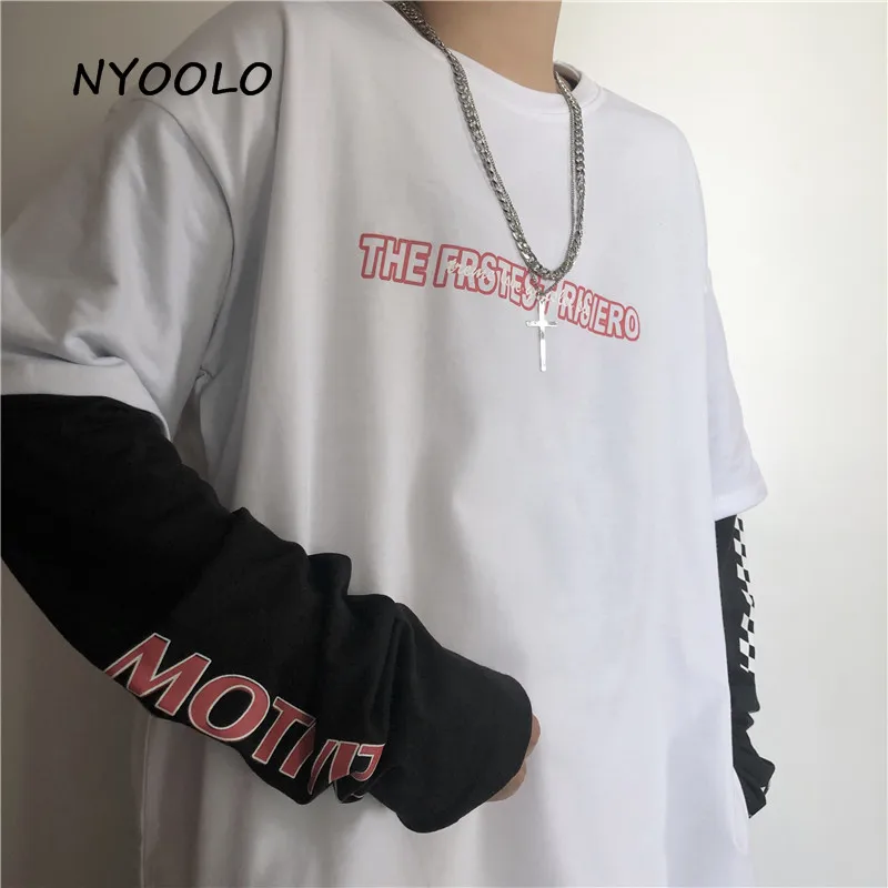 NYOOLO Harajuku винтажный с буквенным принтом фальшивый из двух частей клетчатый лоскутный Топ Осенняя уличная одежда с длинным рукавом Футболка женская мужская одежда