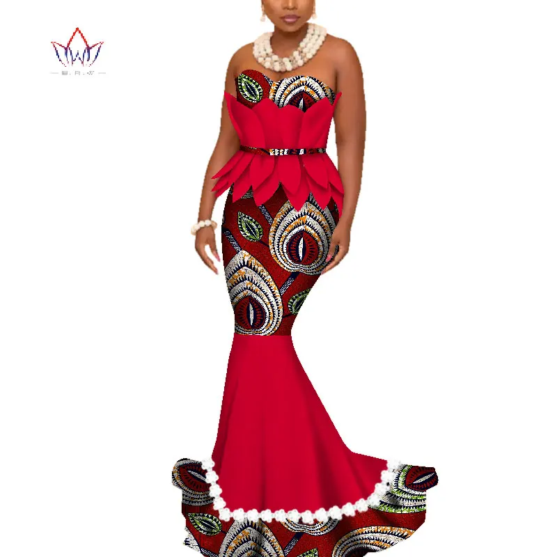 BintaRealWax African Dresses Women Off Shoulder Print Evening Long Dresses Dashiki African Clothes Ruffles Lace Dresses WY3949