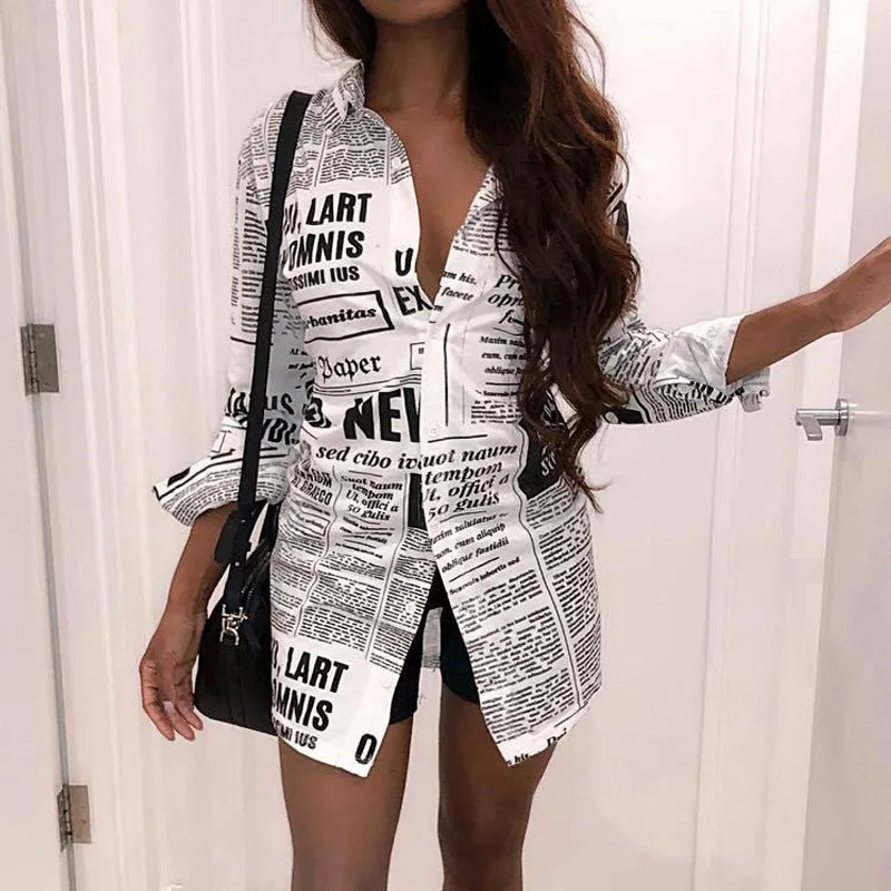 Женская винтажная блузка с длинным рукавом и принтом газет|Блузки| |