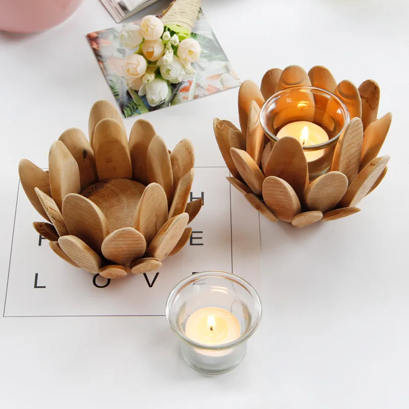 

1/3pcs Wooden Candlestick Lotus Petal Glass Cup Candle Holder Candlestick Wedding Table Home Decor Wood Candle Holder Stand