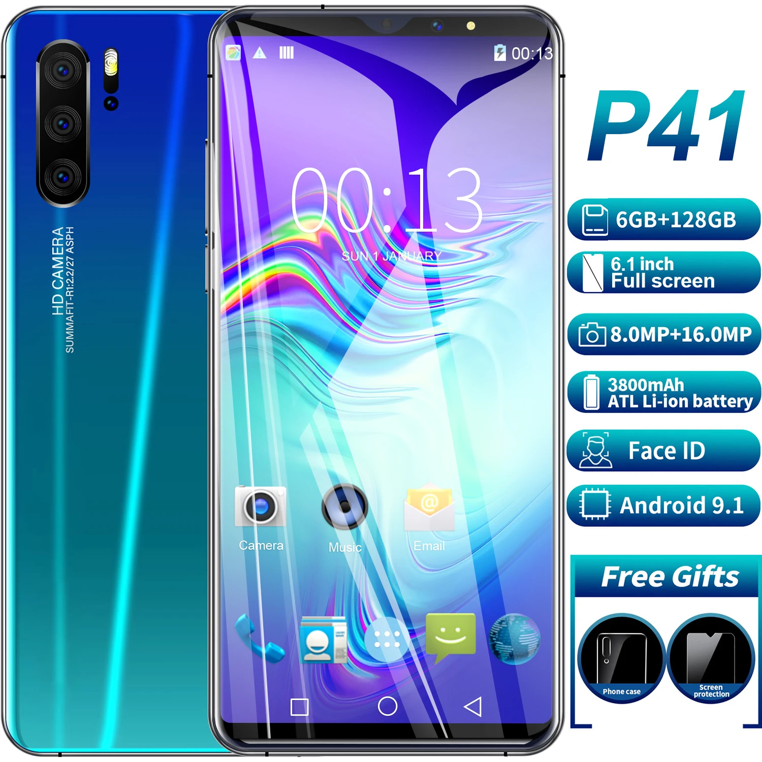 

P41 6.1inch Snapdragon Global Version Cell Phone Android Phone 8G+128G Face ID Free Gifts Full Screen Mobile Phone 2021 New