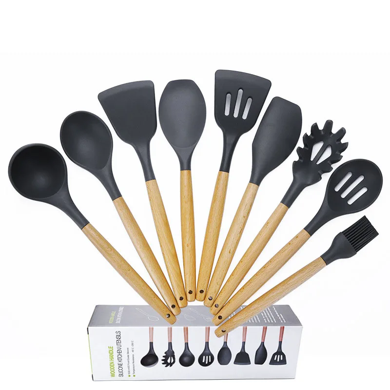 Набор кухонной утвари из 11 предметов с силиконовой деревянной ручкой