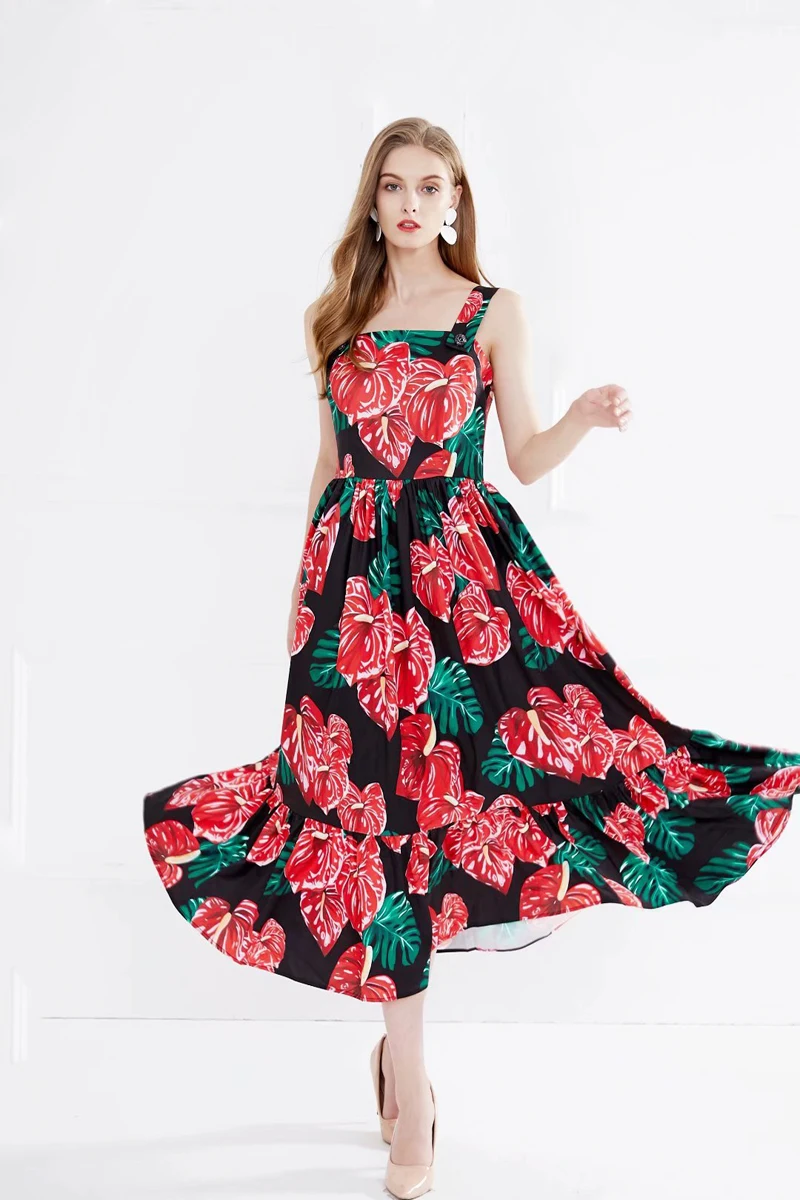 

Women's Runway Dresses Sexy Spaghetti Straps Square Neckline Floral Printed Ruffles Fashion Casual Summer Dresses