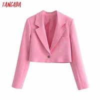 tangada women solid pink crop blazer coat vintage notched collar pocket 2021 fashion female casual chic tops 3h453