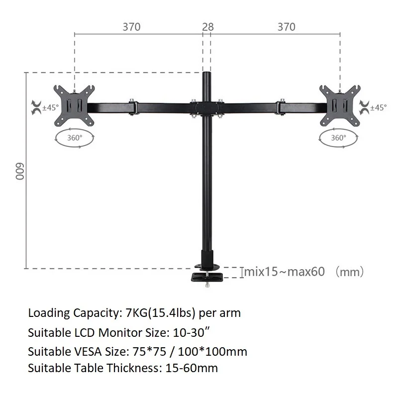 Drilling Dual Monitor Arms Fully Adjustable Desk Mount Stand for Two LCD Screens Fit 10"-30" Max Support 7KG Weight Per Arm |