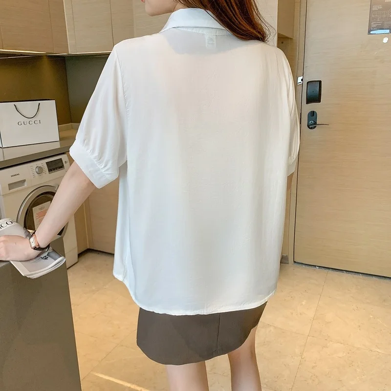

Women's Blouse Short Sleeve Top V-neck Shirts Solid Color Blouses Fashion Tops Casual Shirt Summer New Korean Chiffon Houthion