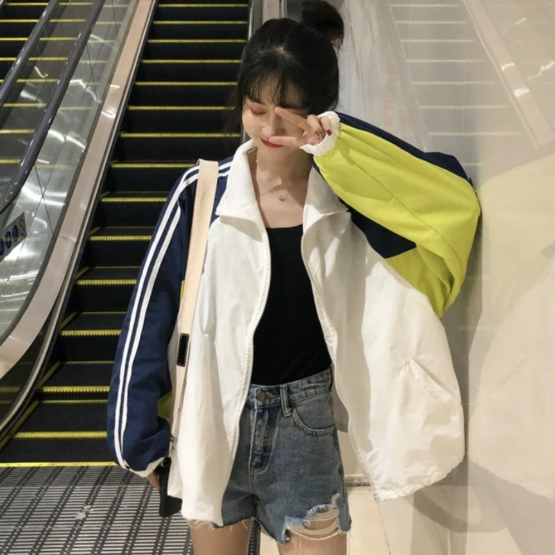 

Jackets Women Spring Autumn Zipper Patchwork Fashion Loose Harajuku Sweet Ulzzang All-match Sun-proof Outwear Coats Chic Female