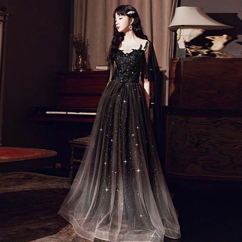 

Black Gradient A-lne Long Evening Dresses Elegant Tulle Illusion Prom Appliques Formal Party Dress Vestido Princess Evening Gown