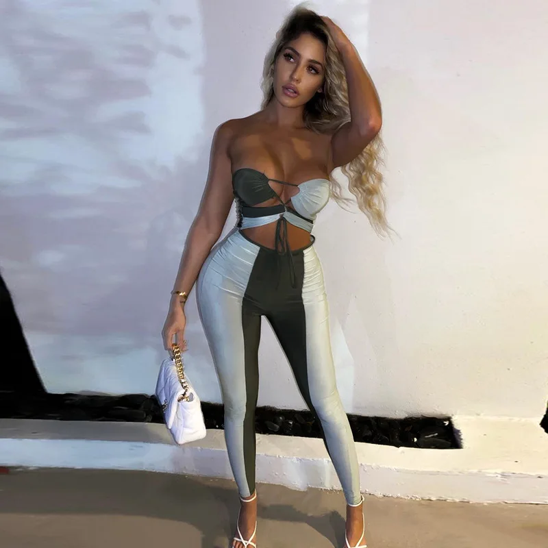 

QuanRun Sexy Women Backless Constrast Color Front Drawstring Halter Jumpsuits Fashion Casual Femmal Party Club Streetwear 2021