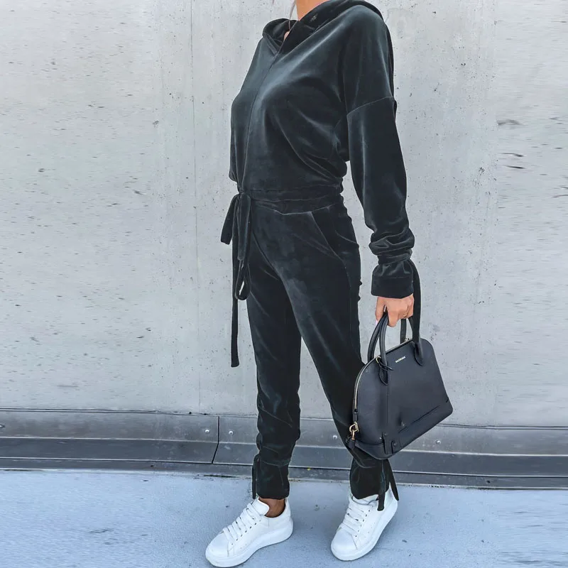 

Женский Повседневный костюм из 2 предметов, толстовка с капюшоном и брюки на шнуровке с карманами, элегантный однотонный бархатный костюм с ...