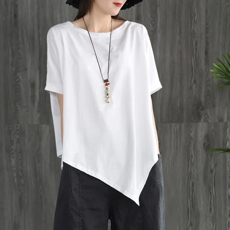 Женские китайские топы Летняя асимметричная Винтажная футболка Женская