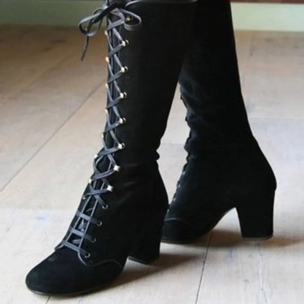 Women Long Boots Casual Lace Up Autumn Winter Thigh High Boots Botas Mujer Footwear Retro Mid-Calf Boots Thick Heels Shoes#930