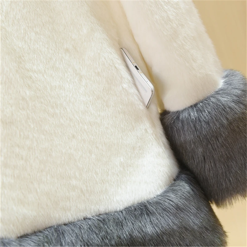 2023 New Winter Imitation Fur Imitation Fox Fur Collar Whole Mink Mid-length Fashion Mink Fur Hooded Jacket Women Wide-waisted