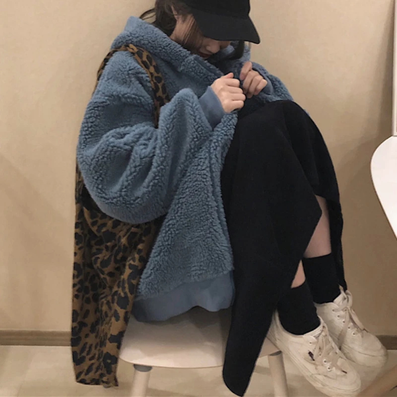 

Women Autumn Winter Lambwool Coat Jackets Ladies Hooded Zipper Overcoat Outer Wear Parka Vintage Loose