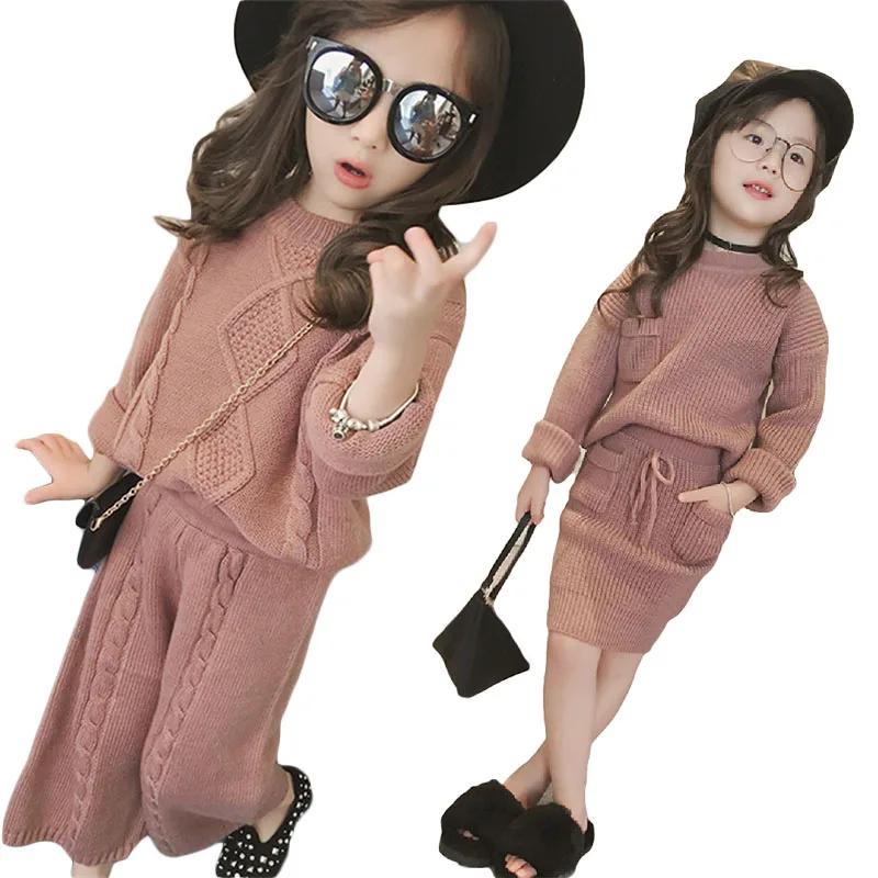 

Autumn Sweater Suit New Girls Casual Loose Sweater Pants 2pcs Children Knitted Outfit Winter Girls Clothing Set Baby Clothes