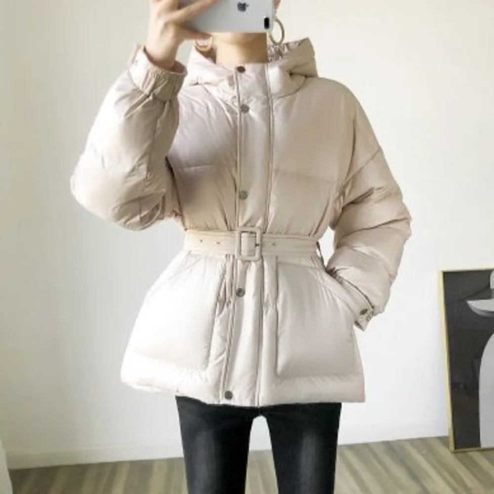 

YICIYA 2021 женские парки с капюшоном на молнии зимняя куртка пальто Женская Толстая корейская мода куртка с поясом белый черный красный бежевый