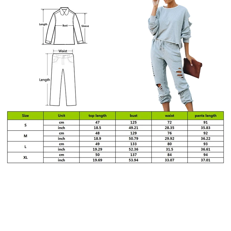 

Autumn Women 2 Pieces Set Oversized Hole Sweatshirt Solid Tracksuit Long Sweatpants Set Casual Female Suit Streetwear