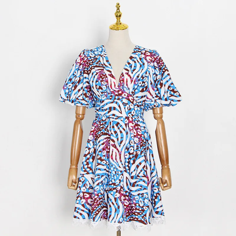 

Korean Style Design 2021 New Summer Plant Pattern Printed High Waist Dress V-neck Young A- line Skirt