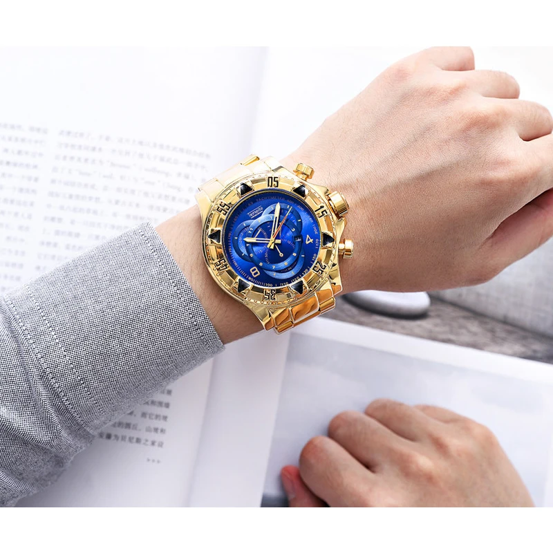 Роскошные Брендовые мужские спортивные часы золотые полностью Стальные