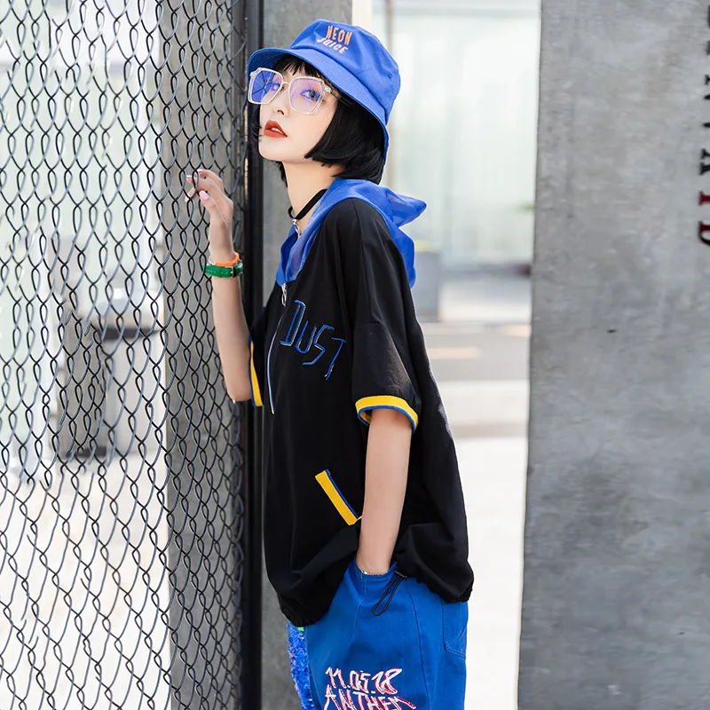 

Vefadisa Summer Letter Print T-shirt Plus Size Women T-shirt 2020 Short Sleeve Hoodie Women T-shirt Loose Black White QYF2970