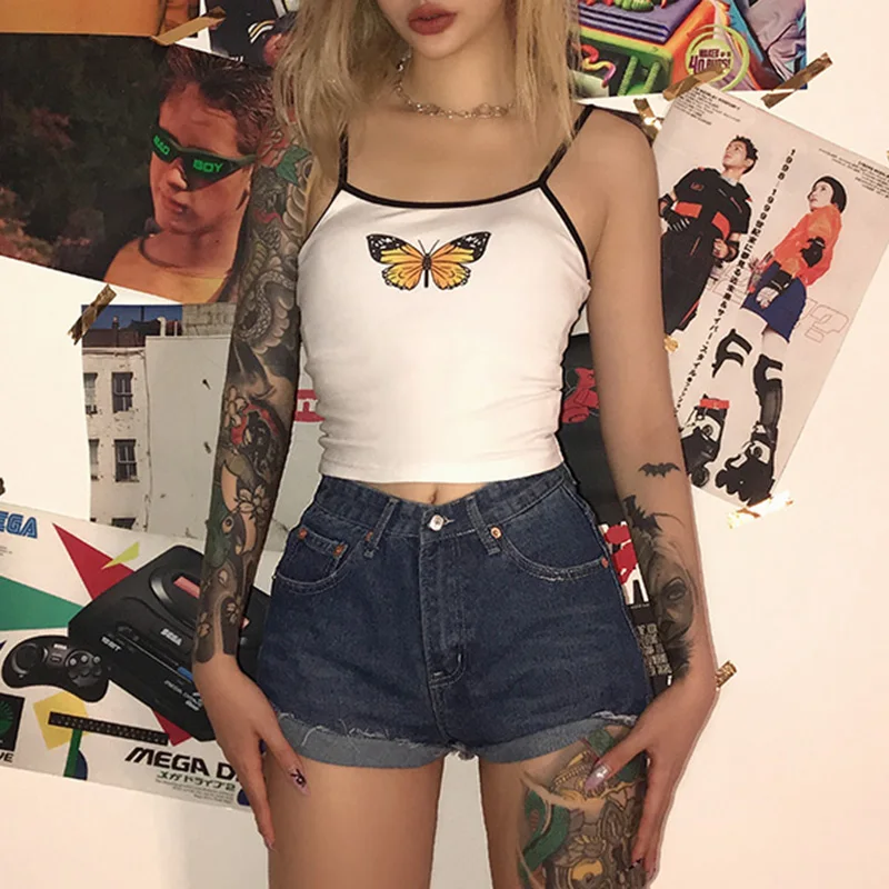 

Summer Women Fashion Sleeveless Casual Cami Tanks Sexy Female Tank Top Butterfly Print Stretchy Vest Camis Tops White Black
