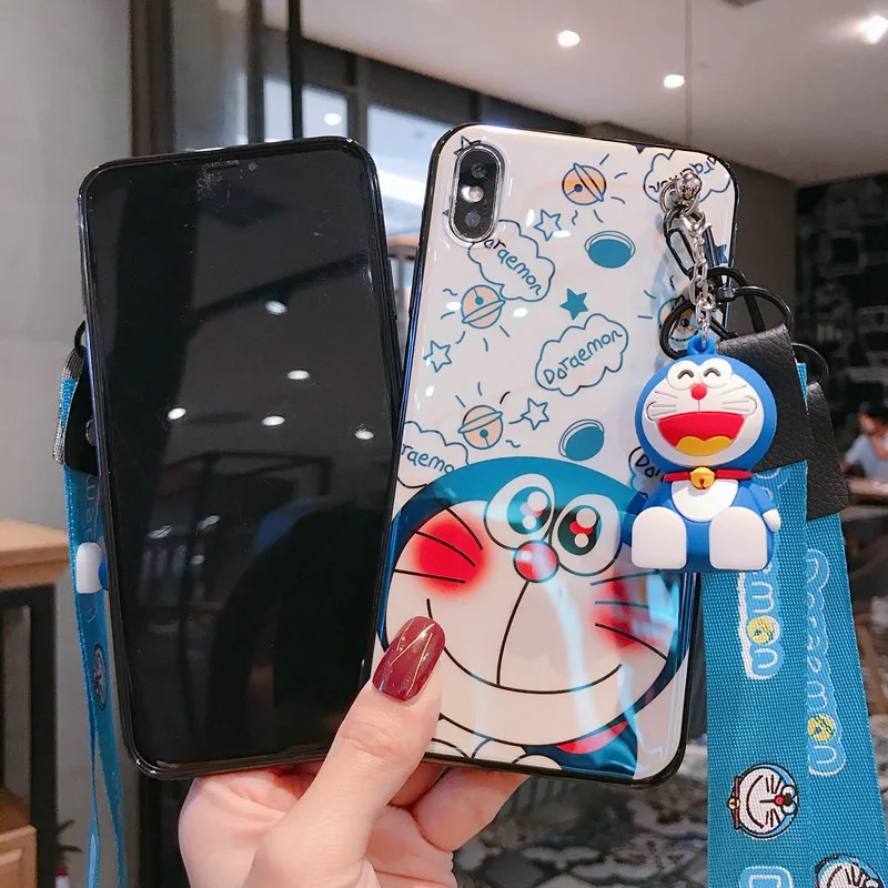 phone case for Samsung S10 9 8 Plus Note 3D cartoon blue lanyard robot cat back cover |