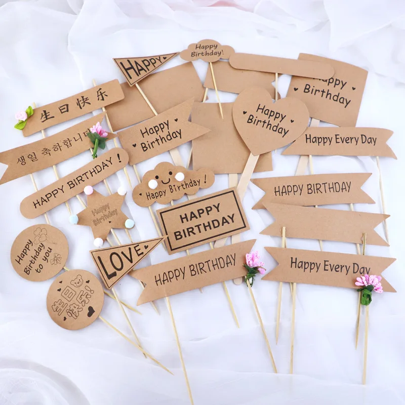 

10Pcs Kraft Paper Happy Birthday Card Baked Dessert Cup Cake Decoration For Birthday Party Wedding Ceremony Flag Baking Supplie