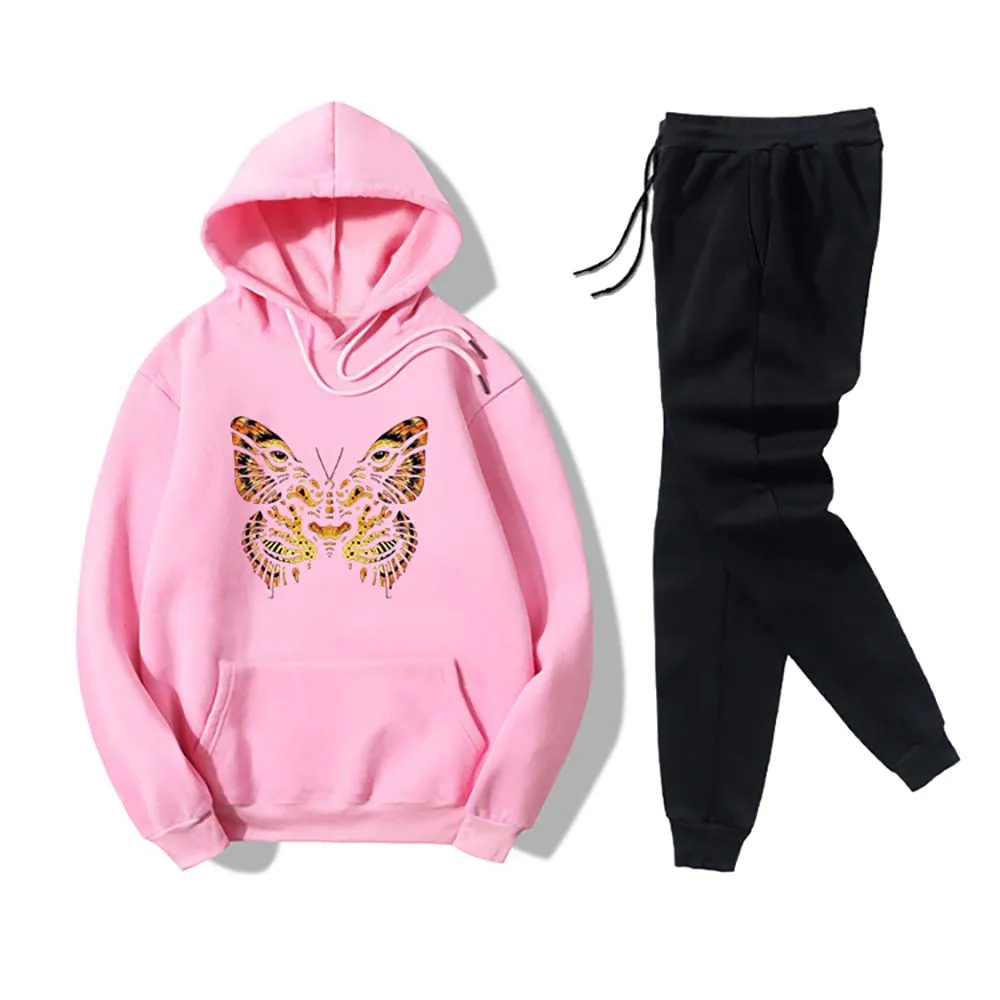 

2020 Women Two Piece Set Autumn Spring Graphic Outfits Tiger Pattern Butterfly Hoodies and Sweatpants 2PCS Set#9