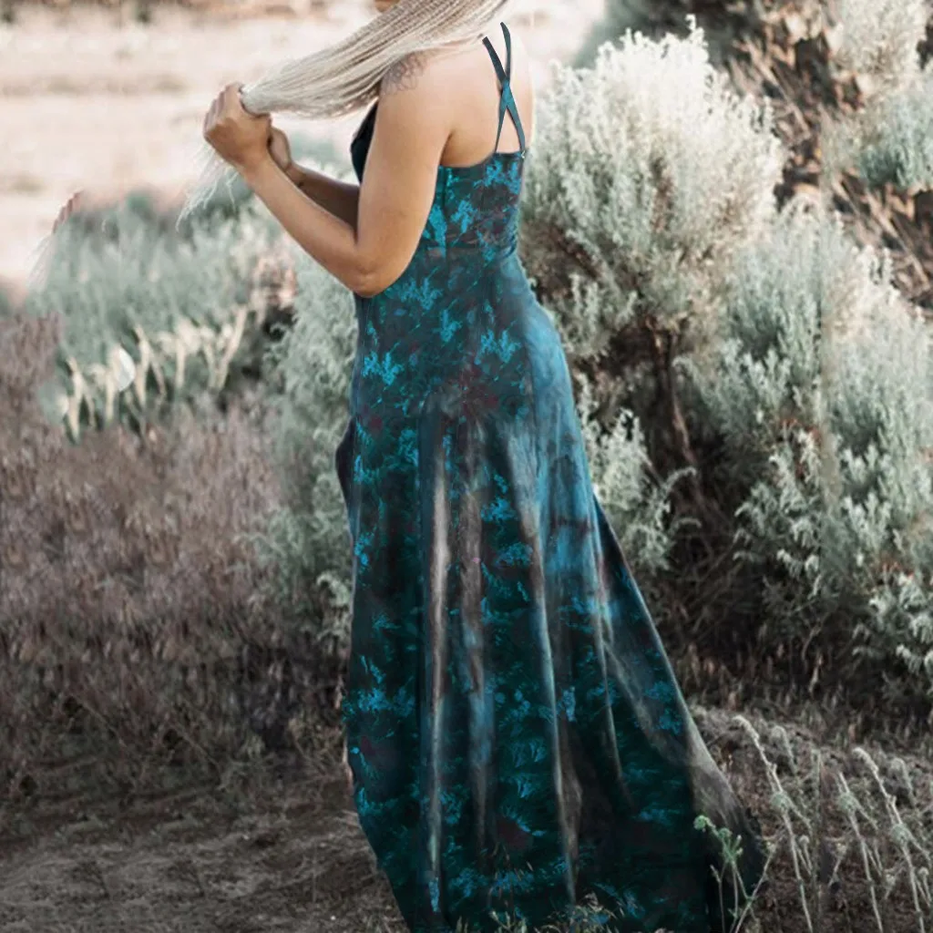 

Party Maxi Dress Women's Retro Tribal Dyeing Sexy Split Hem Dress Lace Cross Strap Long Dresses Female Clothes Plus Size