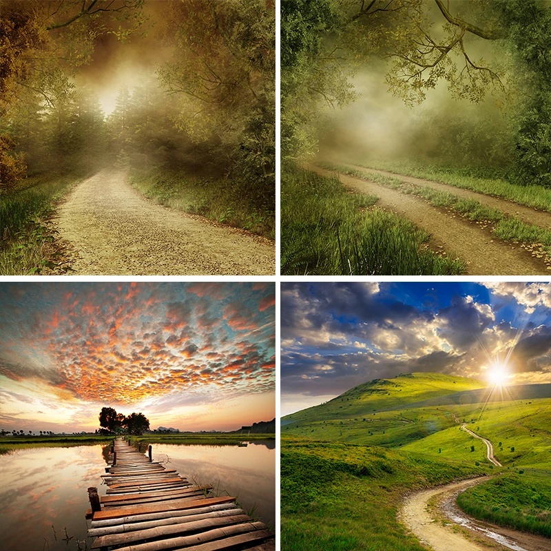 Nitree лесной Луг путь озеро дерево мост на закате светящийся Фотофон фон