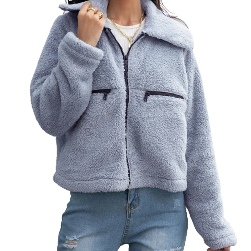 

573B Women Faux Fur Plush Zip Jacket Solid Color Lapel Collar Oversized Cropped Coat