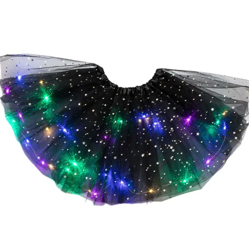 

Women Girls Starry Sky Star Sequins Tutu Skirt LED Light Up Neon Colorful Layered Tulle Ballet Dance Party Short Dress