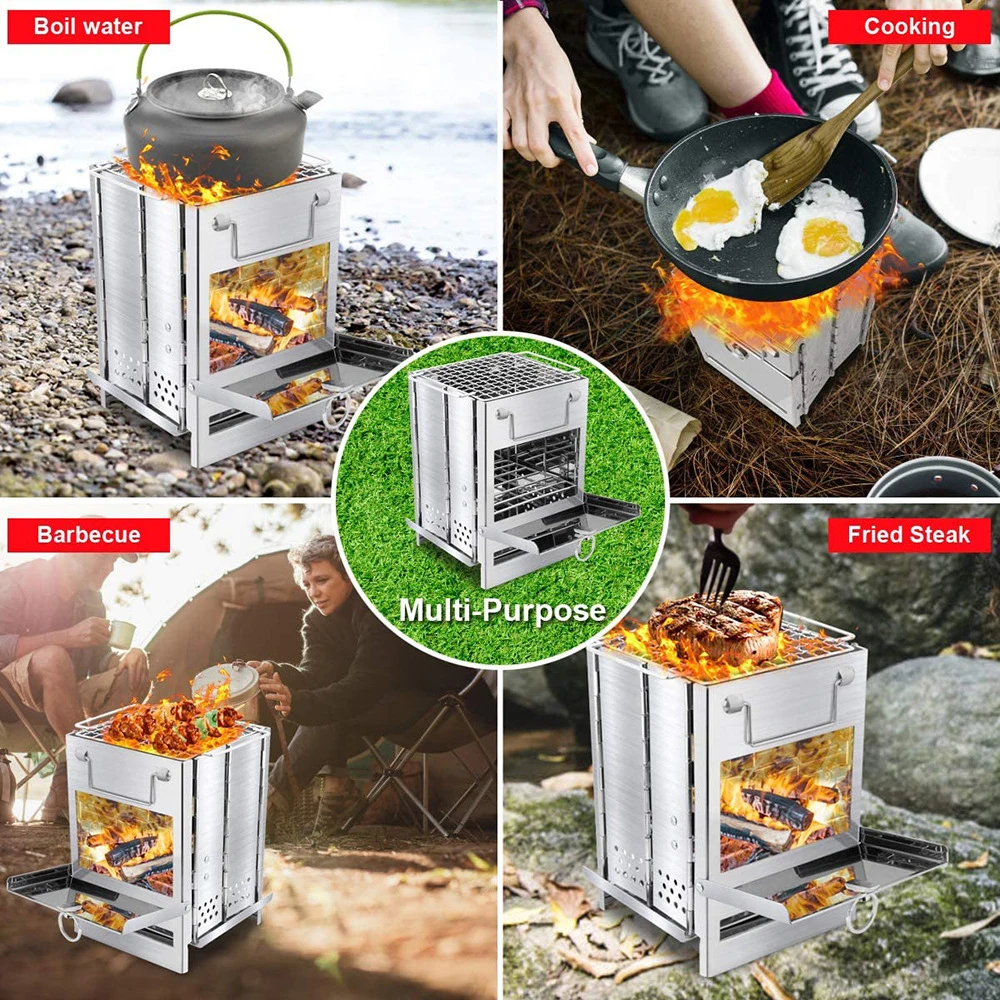 

Mini Outdoor Firewood Stove Camping Cooking Picnic Travel Stainless Steel Square Wood Stove Charcoal Lightweight Folding Grill