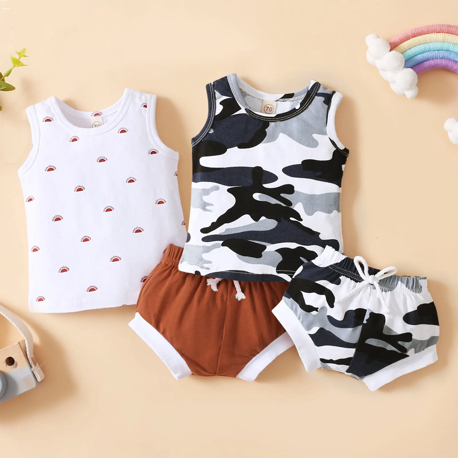 

Летний комплект для малышей OPPERIAYA из 2 предметов, майка с круглым вырезом и камуфляжным принтом солнца, эластичные шорты для маленьких мальч...