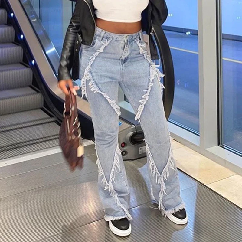 

Patchwork Flared Jeans With Tassel Women High Waist Streetwear Denim Trousers Flared Pants Lady Raw Edged Denim Boot Cut Pants