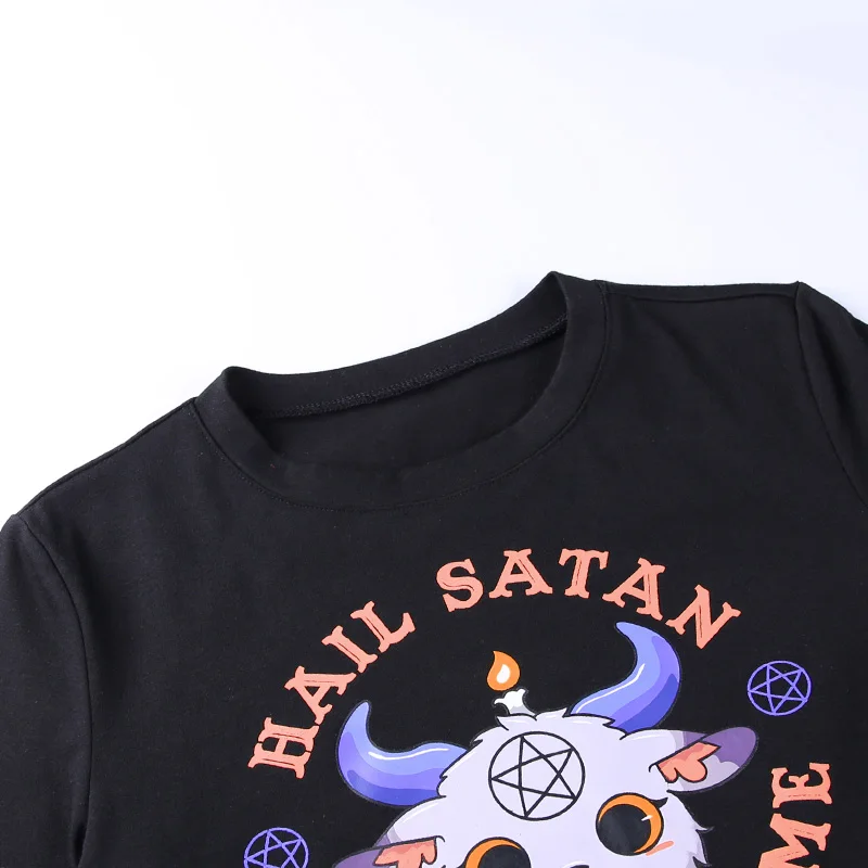 

Goth Goat Head Letter Print Black T-Shirt Punk Harajuku Short Sleeve O Neck Corset Crop Tops Y2K Women Summer Clothes Streetwear