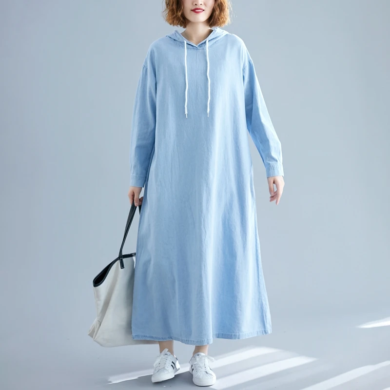 Dress Women 2019 Autumn Fashion Loose Vintage Denim Plus Size Hoodie Sweatshirt Big Ladies Cotton Robe Femme | Женская одежда