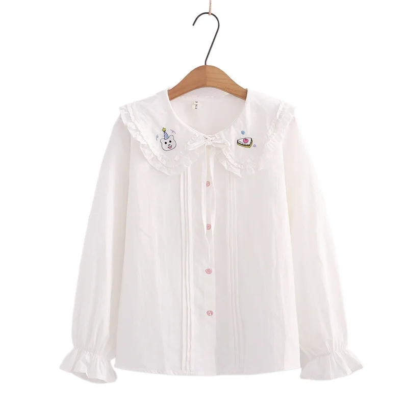 

Женская однобортная рубашка, белая рубашка с вышивкой медведя из мультфильма, корейский хлопковый топ с длинным рукавом и отложным воротни...