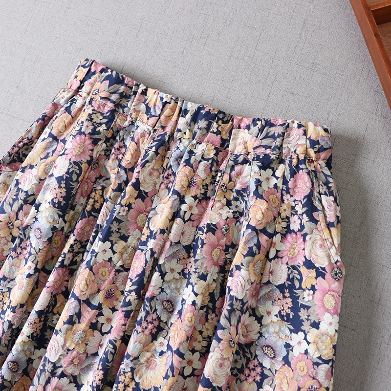 

Mori Girl Literary Cotton Floral Print Skirt Women Elastic Waist Loose Casual A-Line Skirts Women