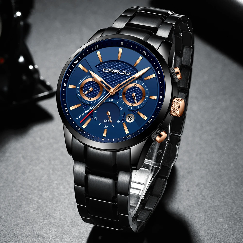 

Luxry Brand CRRJU New Men Watch Classic Business Chronograph Wristwatch Stylish 30M Waterproof Calendar Clock relogio masculino