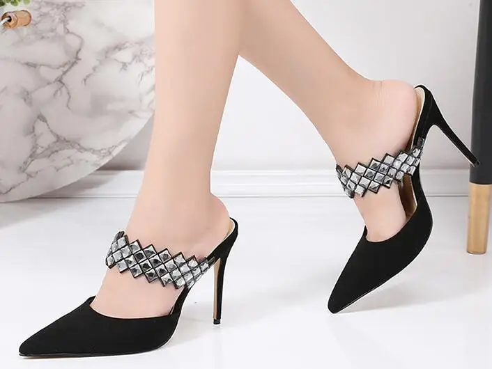

Bonjean Pointed Toe Woman high Heel Sandal Summer Crystal Embellished Thin Heels Dress Shoe Black Suede Woman Sandal
