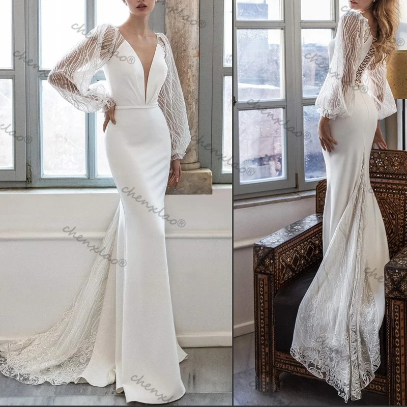 Elegant Beach Wedding Dresses Mermaid Deep V Neck Appliques With Belt Illusion Full Sleeve Vestidos De Novia Bride Gowns | Свадьбы и
