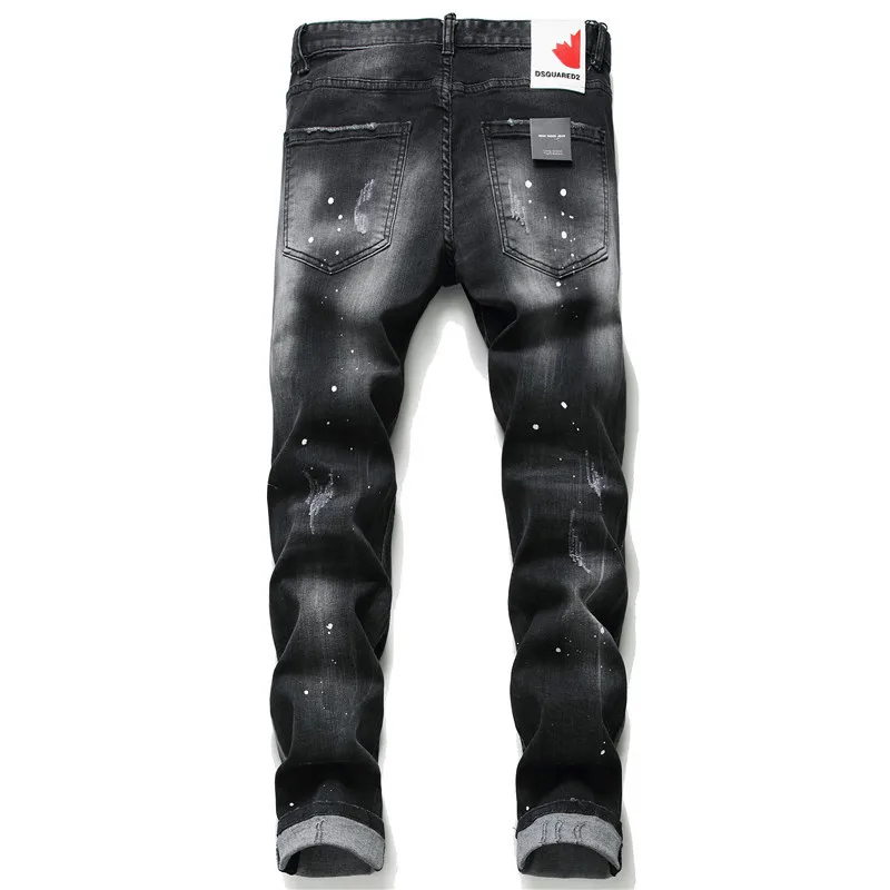 

European Brand Jeans Men Black Ripped Hole Pants Patch Up Paint Men's Slim Jeans Denim Small Leg Trousers JS1057