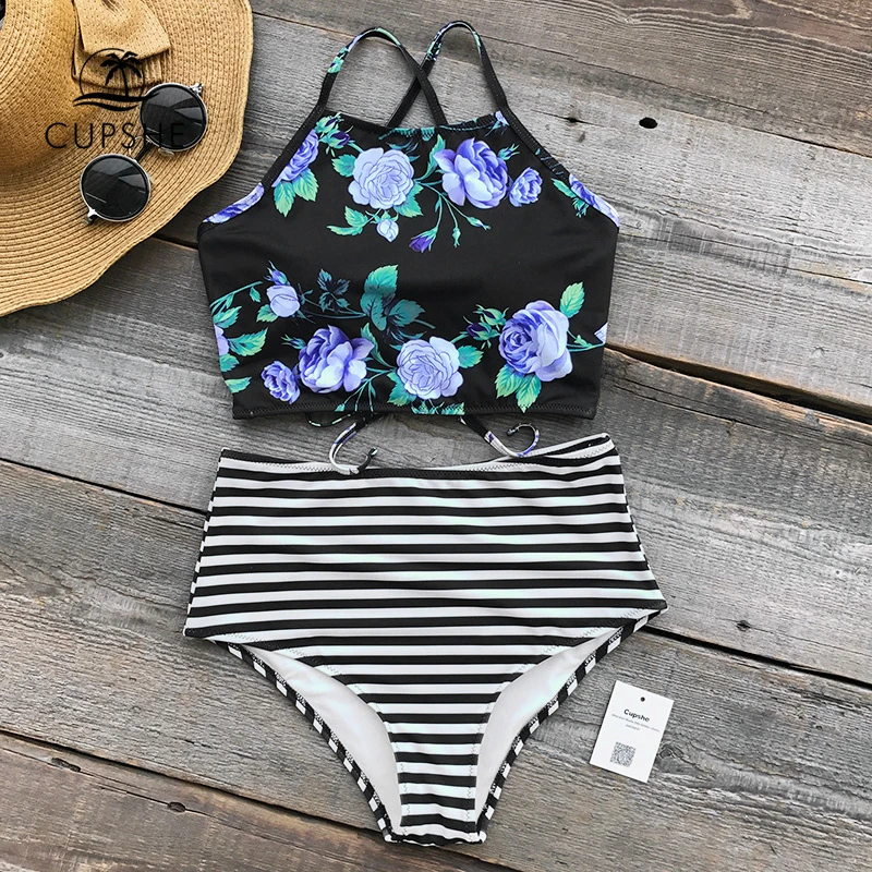 Купальник бикини CUPSHE с цветочным принтом и полосками комплект из двух предметов